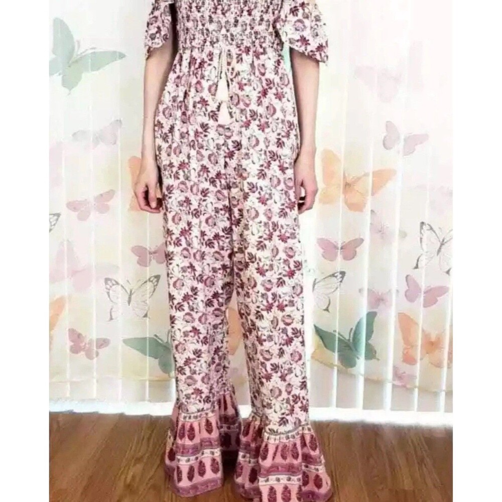 Bog Collective Off Shoulder Floral Jumpsuit Large Flare Cottagecore‎ Artsy Flowy